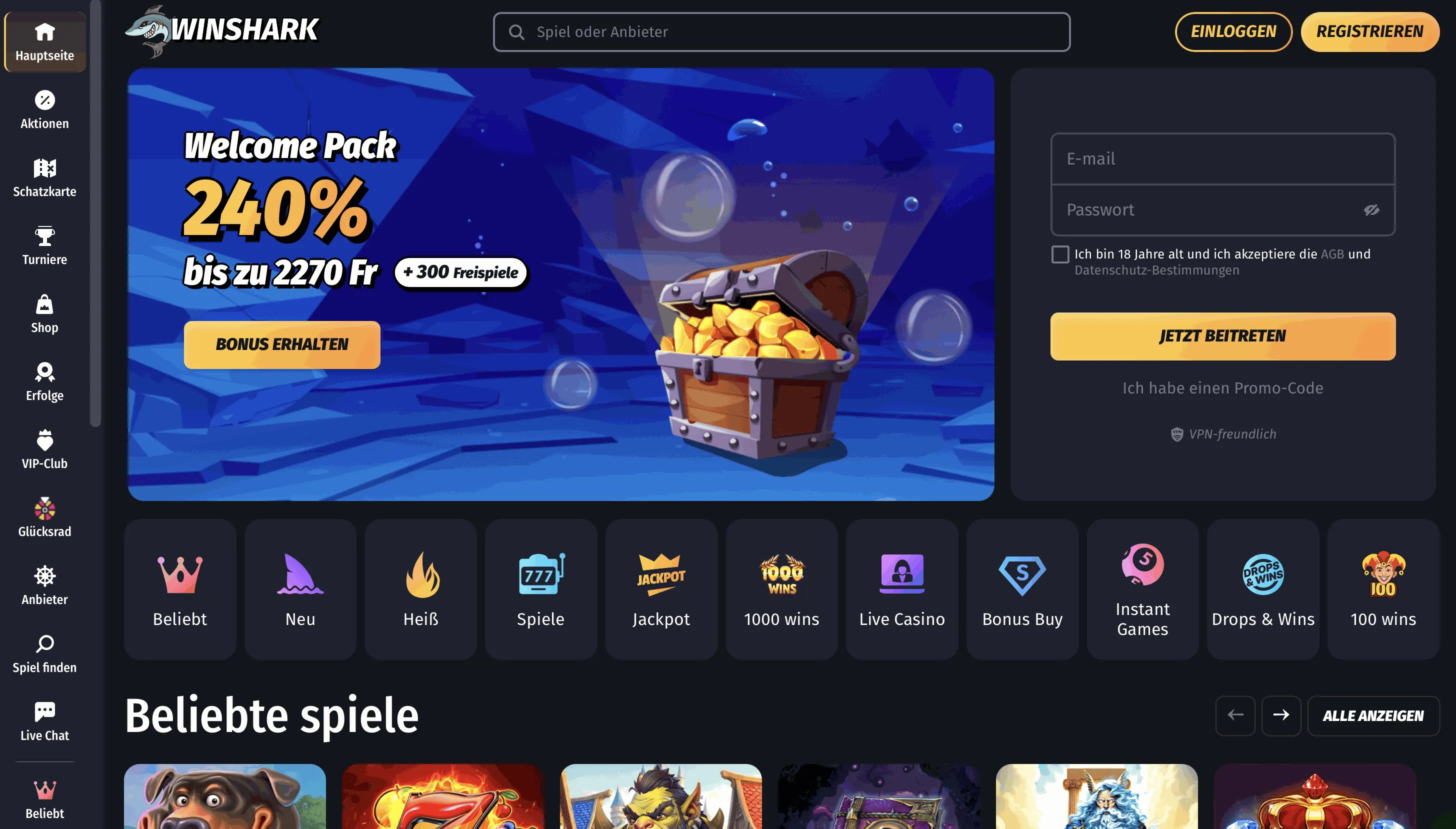 Winshark Online Casino Startseite